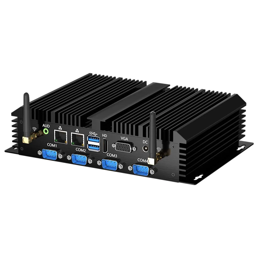 Compact fanless industrial mini PC in silver metal case with front ports visible