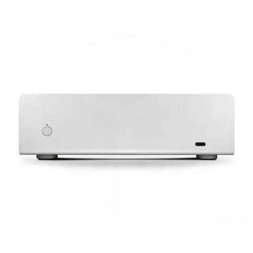 Silver rectangular fanless HTPC case with side USB ports and vented panels