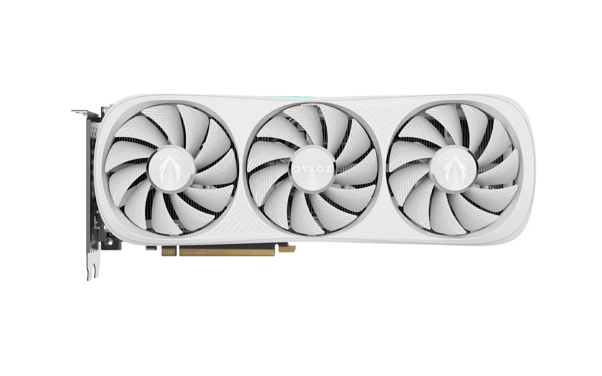 White triple-fan graphics card with metal backplate and RGB lighting