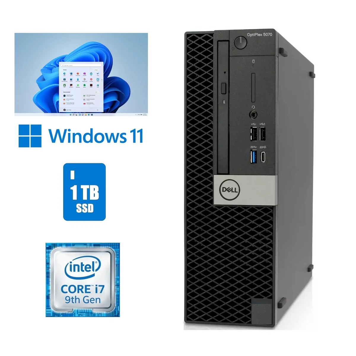 Black Dell OptiPlex 5070 SFF desktop tower with DVD drive and Wi-Fi adapter