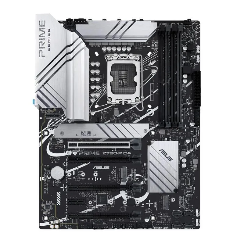ATX motherboard, dark PCB with silver heatsinks, LGA 1700 socket, four DDR4 slots, multiple PCIe slots, rear I/O shield attached