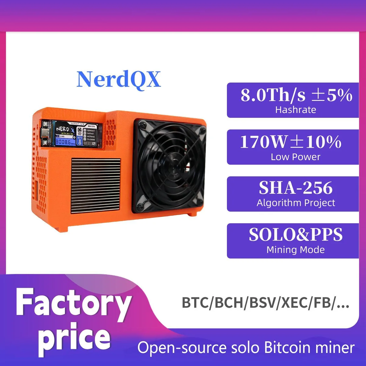LuckyMiner LuckyMiner NerdQX 8TH/s BM1370 Orange Edition mining hardware — product photo