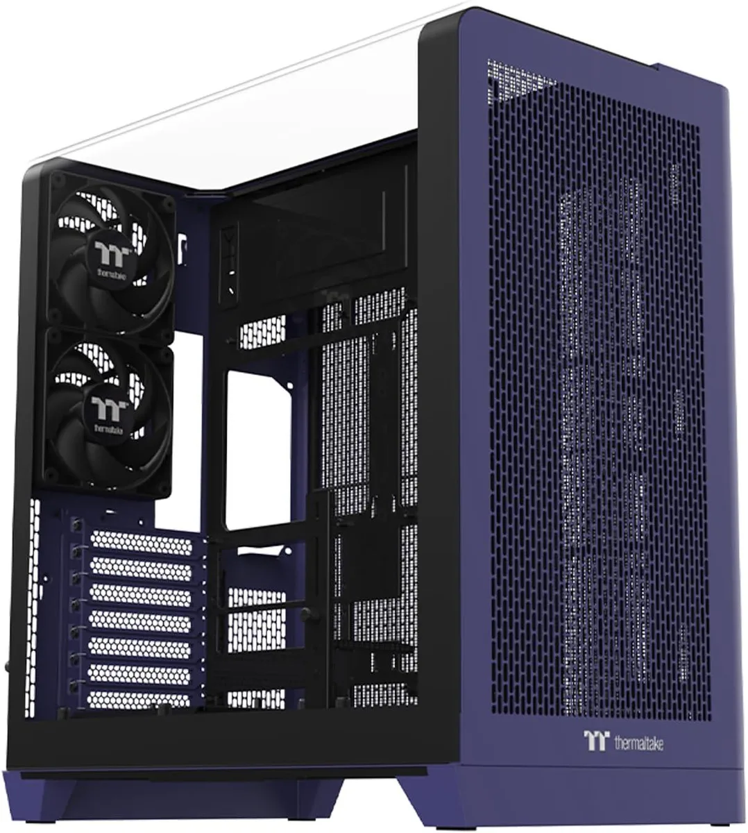 Mid-tower case with curved glass side panel and mesh front in Future Dusk finish