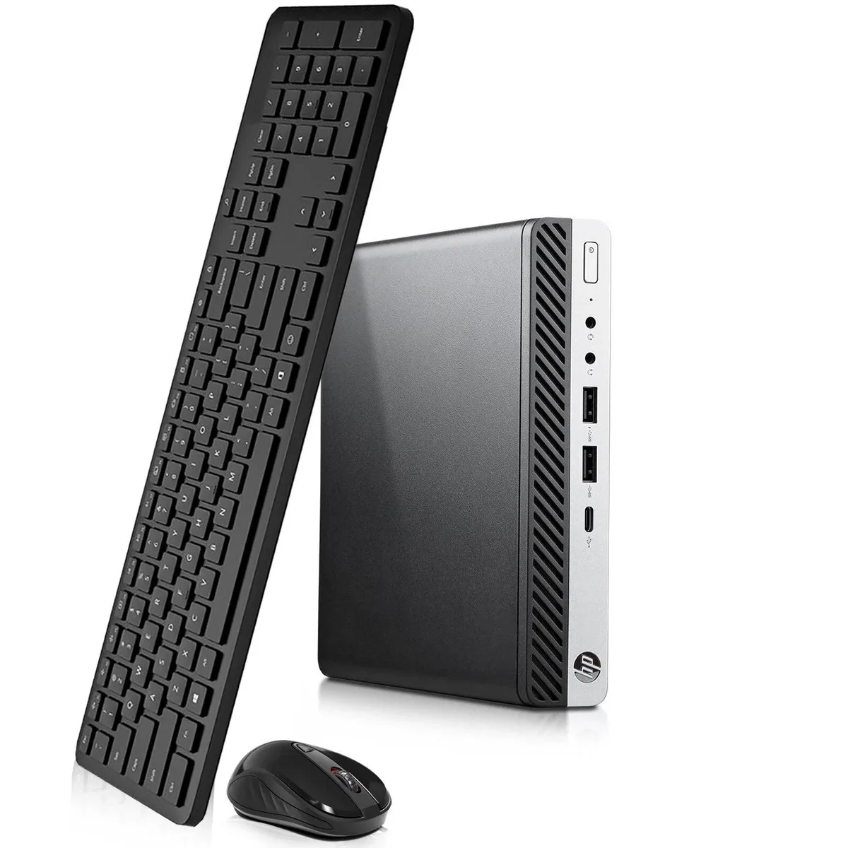 Compact black and silver HP EliteDesk 800 G3 Tiny desktop with keyboard and mouse