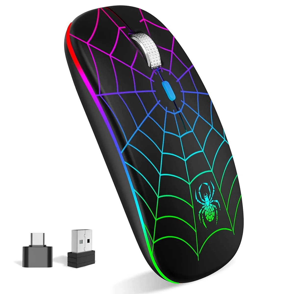 Matte black wireless gaming mouse with spiderweb pattern and LED lighting