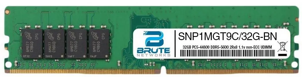 Green DDR5 UDIMM module with black chips and gold contacts