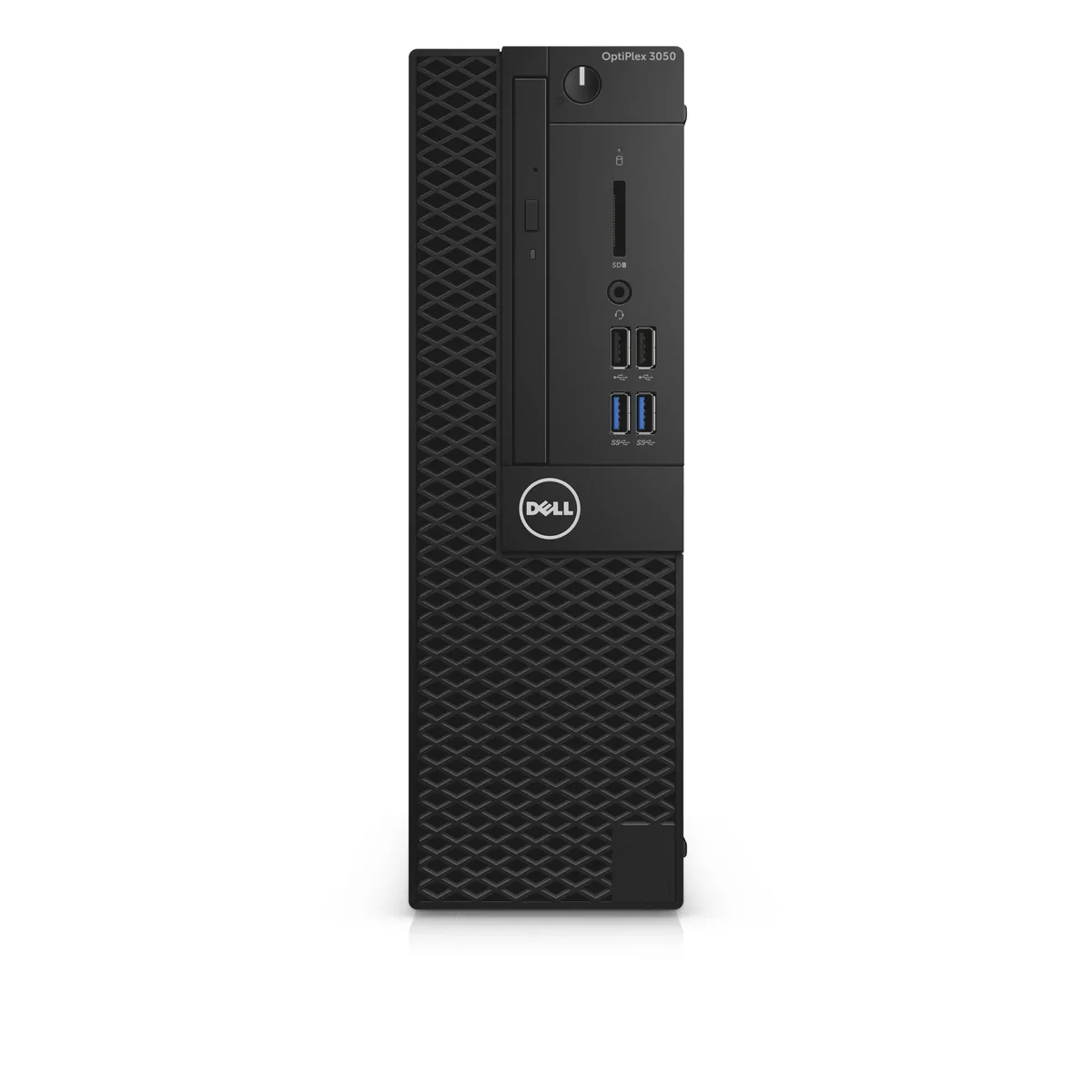 Small black desktop tower, slim form factor, DVD slot and SD card reader on front