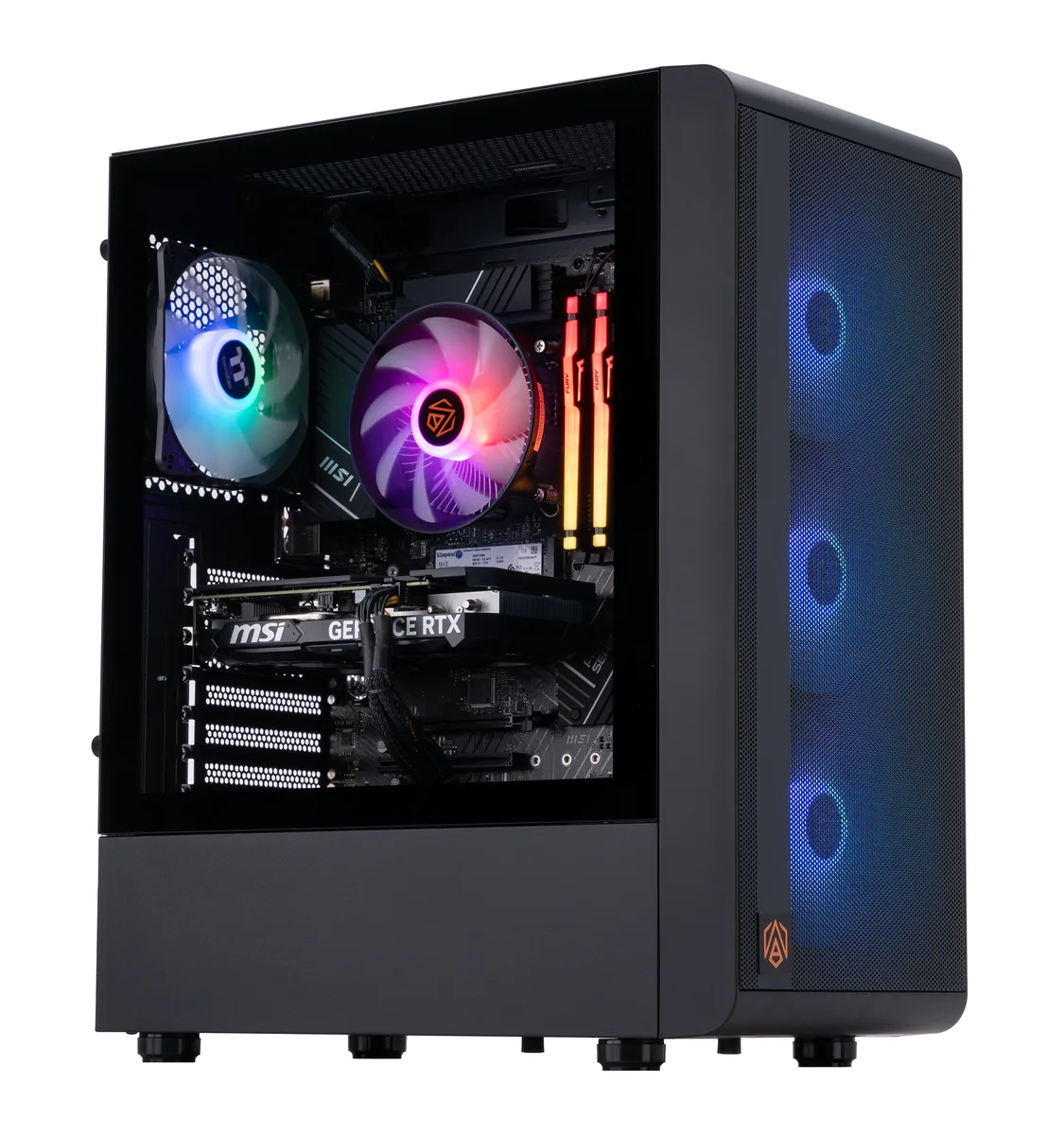 Black mid-tower gaming desktop with tempered glass side panel and RGB lighting visible inside