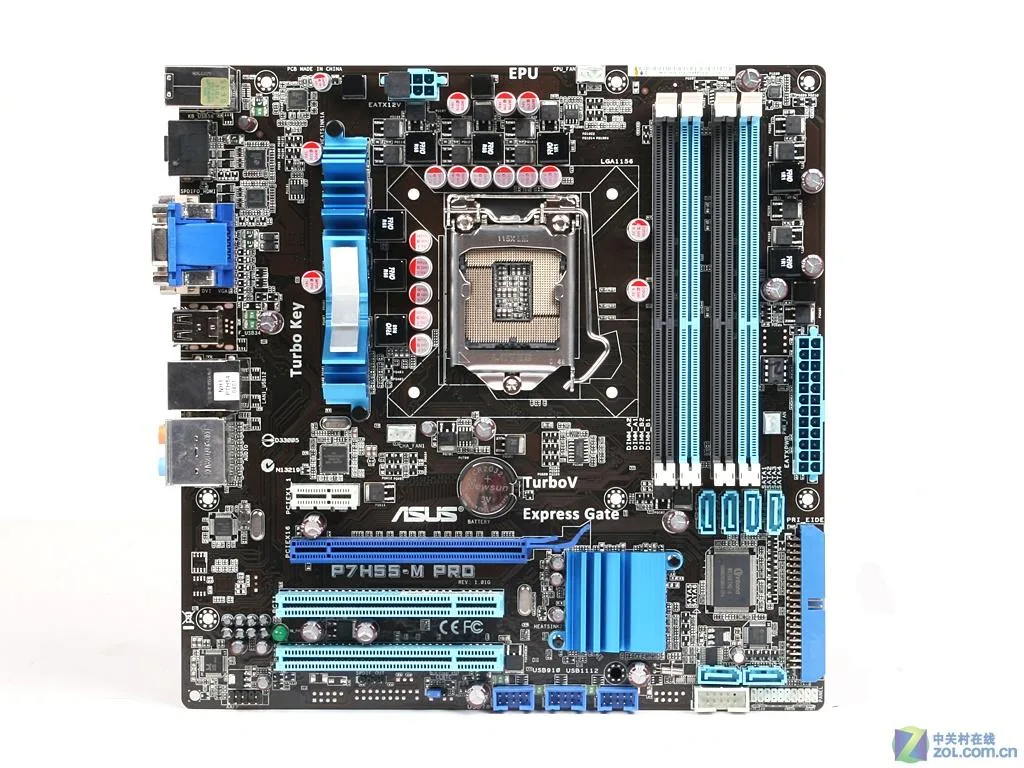 Green Micro ATX motherboard with LGA 1156 socket and silver heatsinks