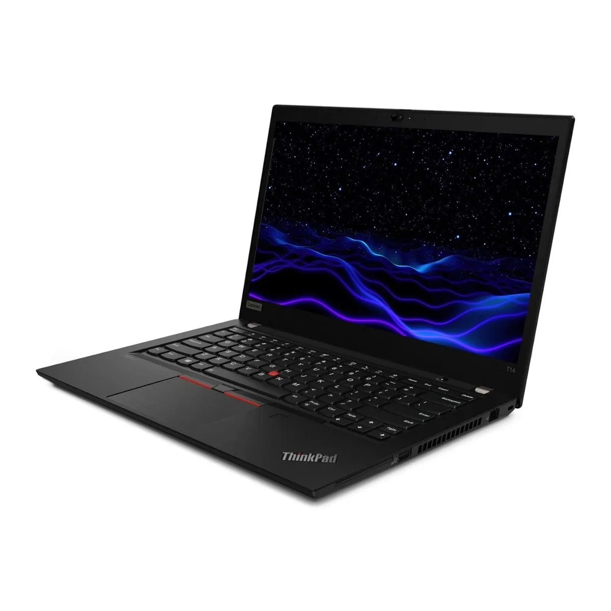 Black ThinkPad P14s laptop open showing 14 inch touchscreen and backlit keyboard