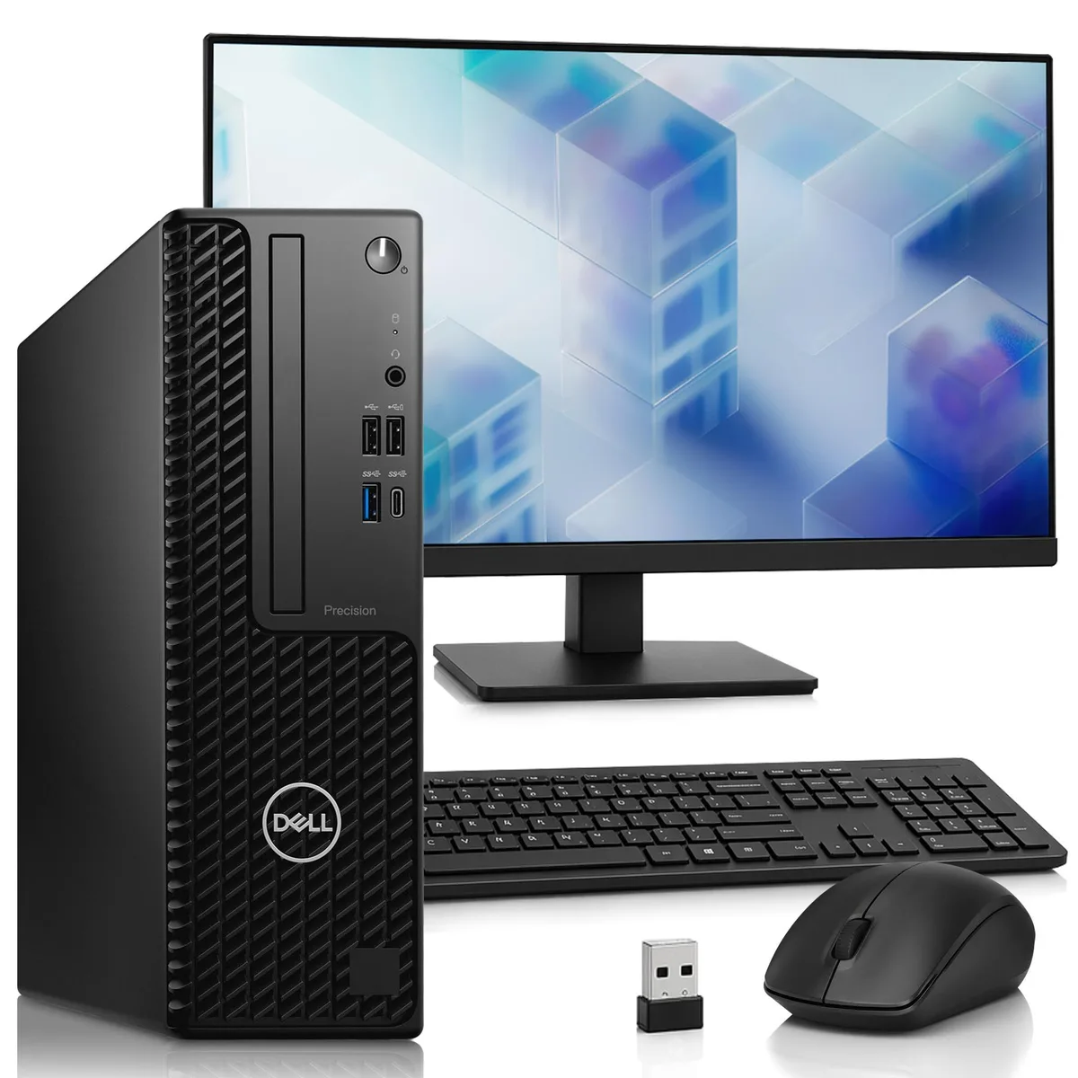 Black Dell Precision 3440 small form factor tower with 24 inch monitor, wireless keyboard and mouse