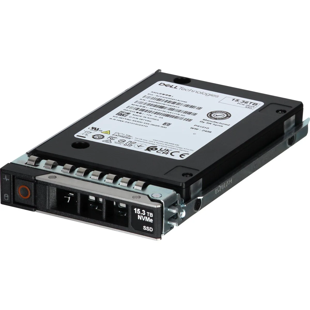 2.5 inch enterprise NVMe SSD with silver metal casing and label showing 15.36TB capacity