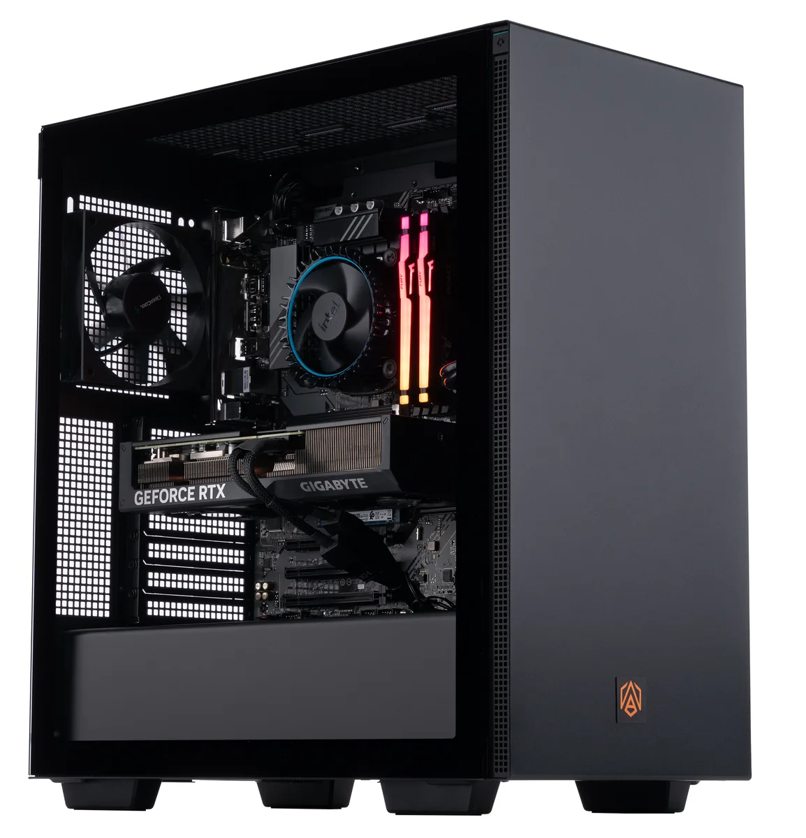 Black ATX tower with tempered-glass side panel and RGB-lit DDR5 memory visible inside