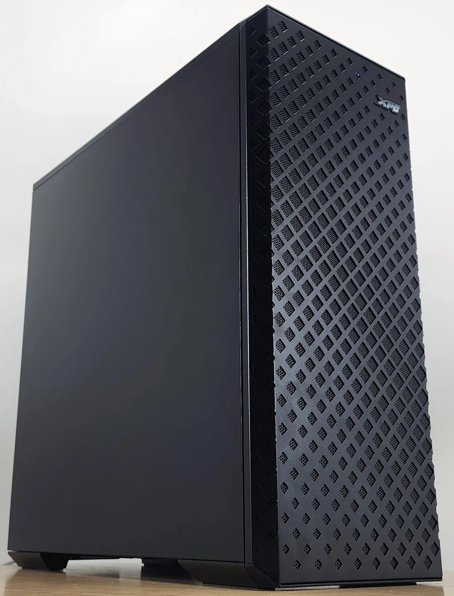 Mid-tower gaming PC with tempered glass side panel, black matte finish, visible 120mm AIO cooler and Radeon R9 270X graphics card