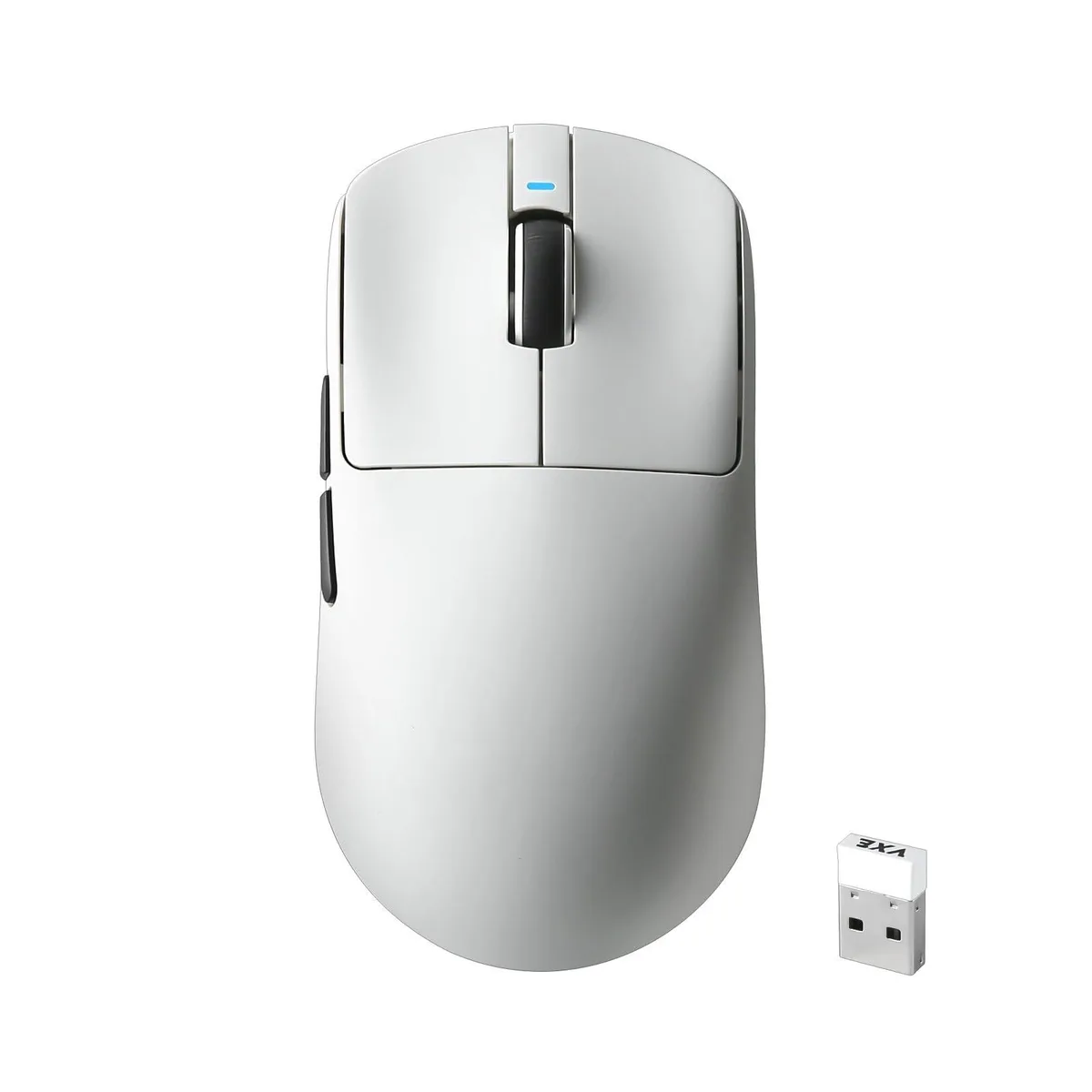 White ambidextrous wireless gaming mouse, lightweight matte finish, six buttons, USB-C port visible