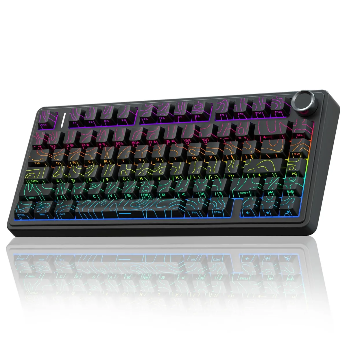 Black 75% wireless mechanical keyboard with rotary knob and RGB backlighting