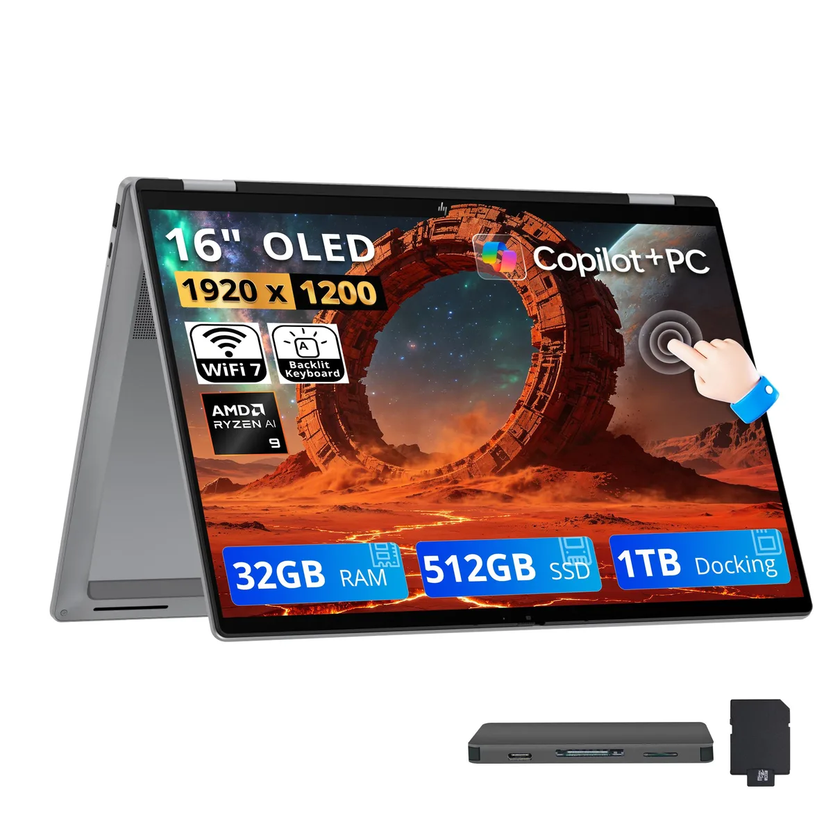 HP HP OmniBook X Flip 16" FHD+ OLED 2-in-1 Laptop AMD Ryzen AI 9 465 32GB DDR5 1.5TB Storage Silver — снимка на продукта