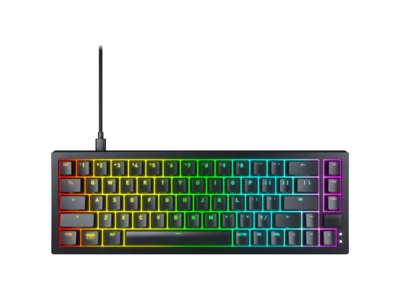 Black compact 65% mechanical keyboard with RGB strip lighting and Cherry MX Red switches