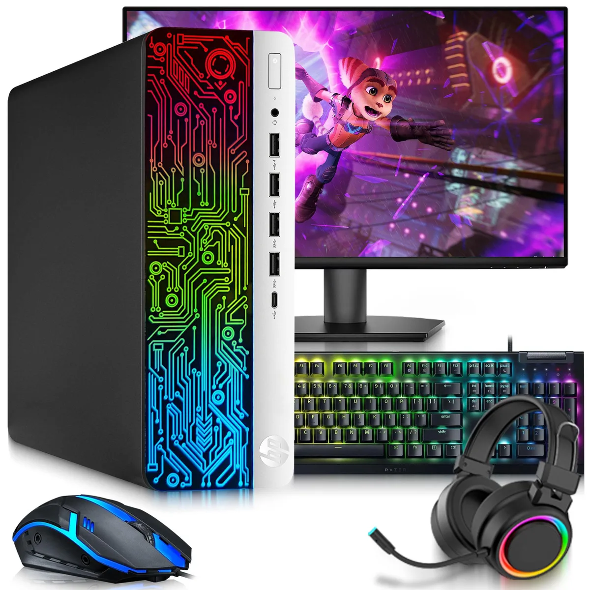 Black HP ProDesk 600 G3 small form factor desktop with 24 inch monitor RGB keyboard mouse and headphones