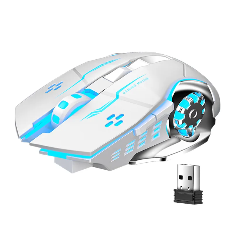 White wireless gaming mouse with ergonomic shape and RGB lighting