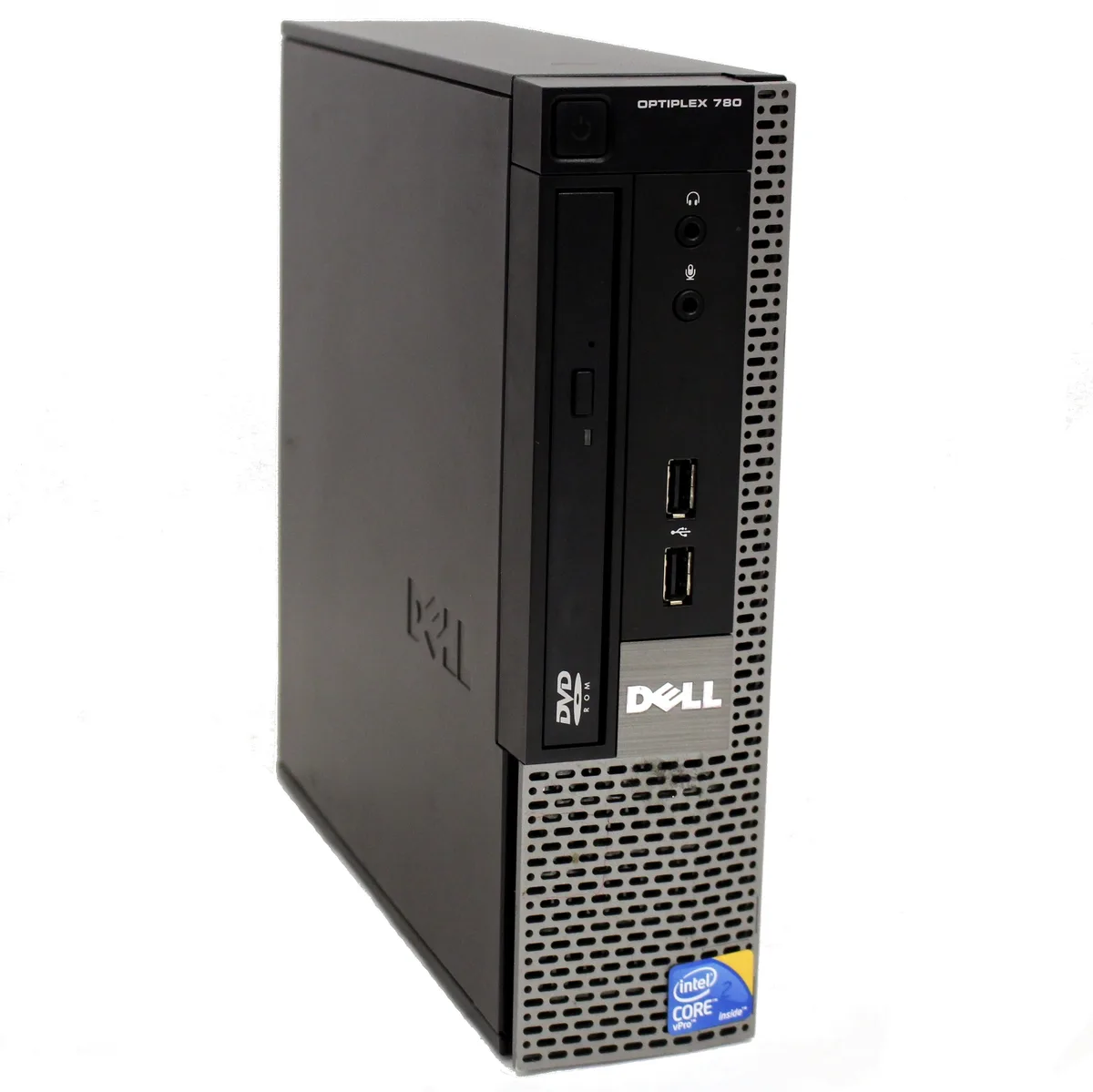 Compact black and silver desktop tower with DVD slot and front ports