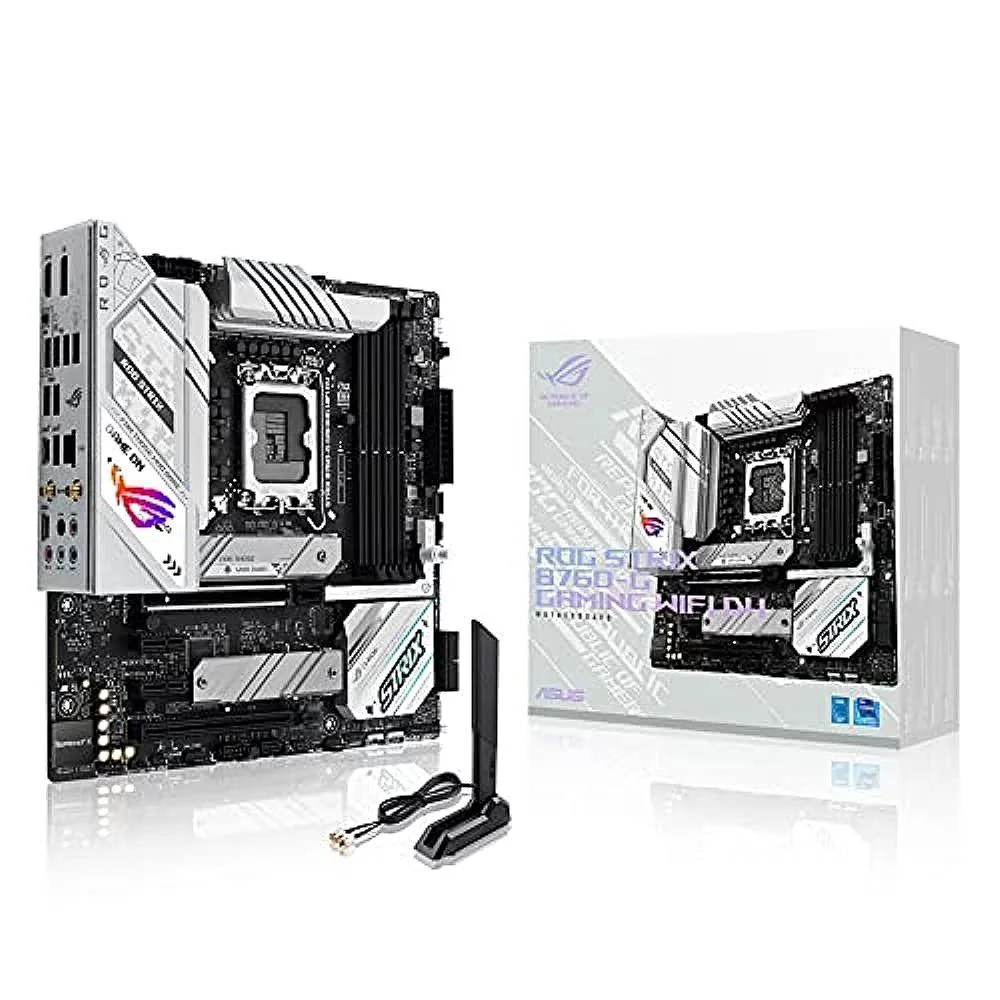 White mATX motherboard with silver heatsinks and black PCB