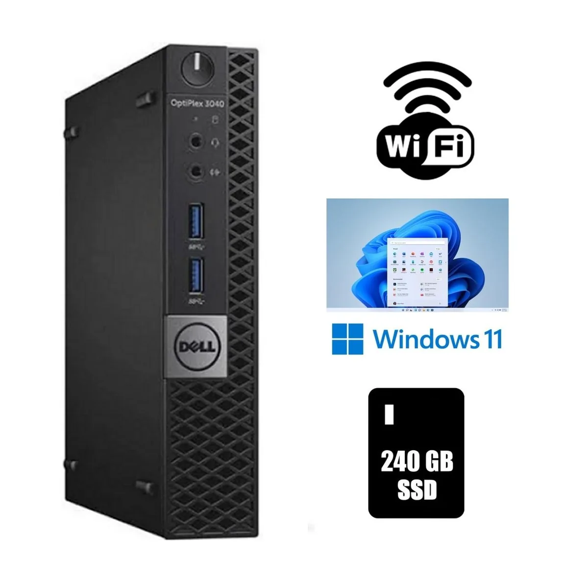 Small black Dell OptiPlex 3040 Micro desktop tower with power adapter and USB Wi-Fi adapter
