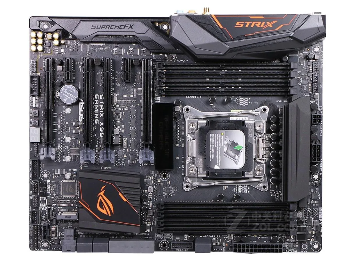 ATX motherboard in black with red accents, LGA 2011-v3 socket, DDR4 slots, metal I/O shield and SATA cable included