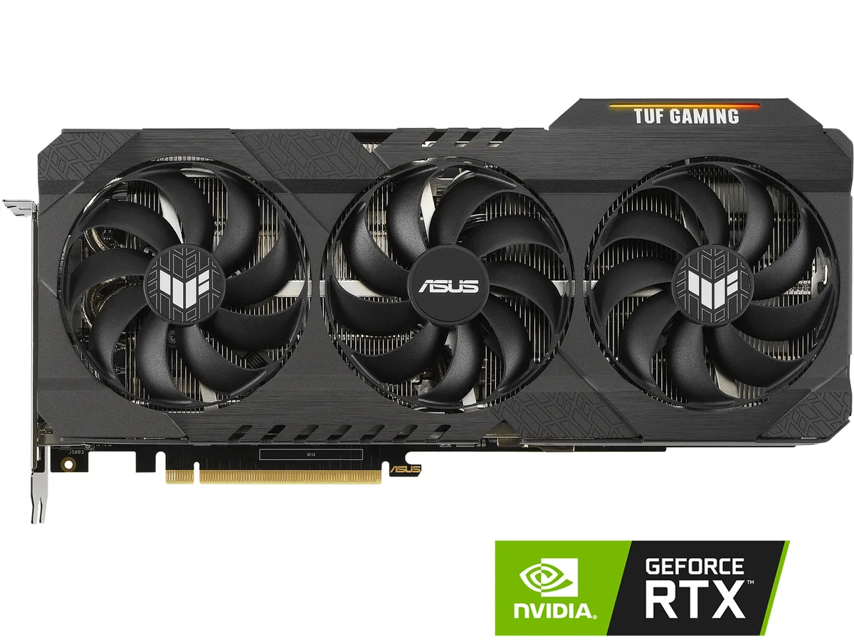 ASUS TUF Gaming RTX 3070 Ti graphics card with triple-fan cooler in dark grey and black