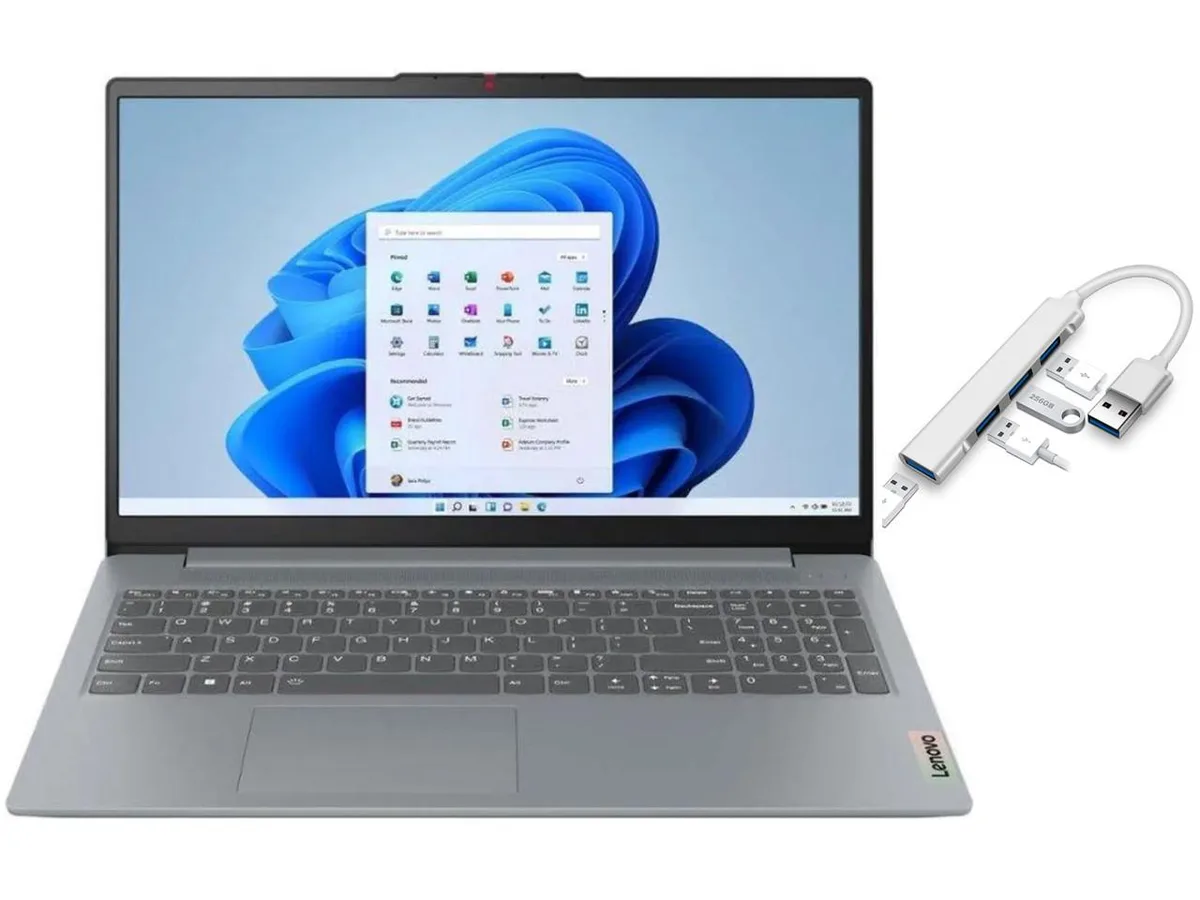 Grey Lenovo IdeaPad Slim 3i 15.6 inch laptop with non-backlit keyboard and USB 3.0 hub