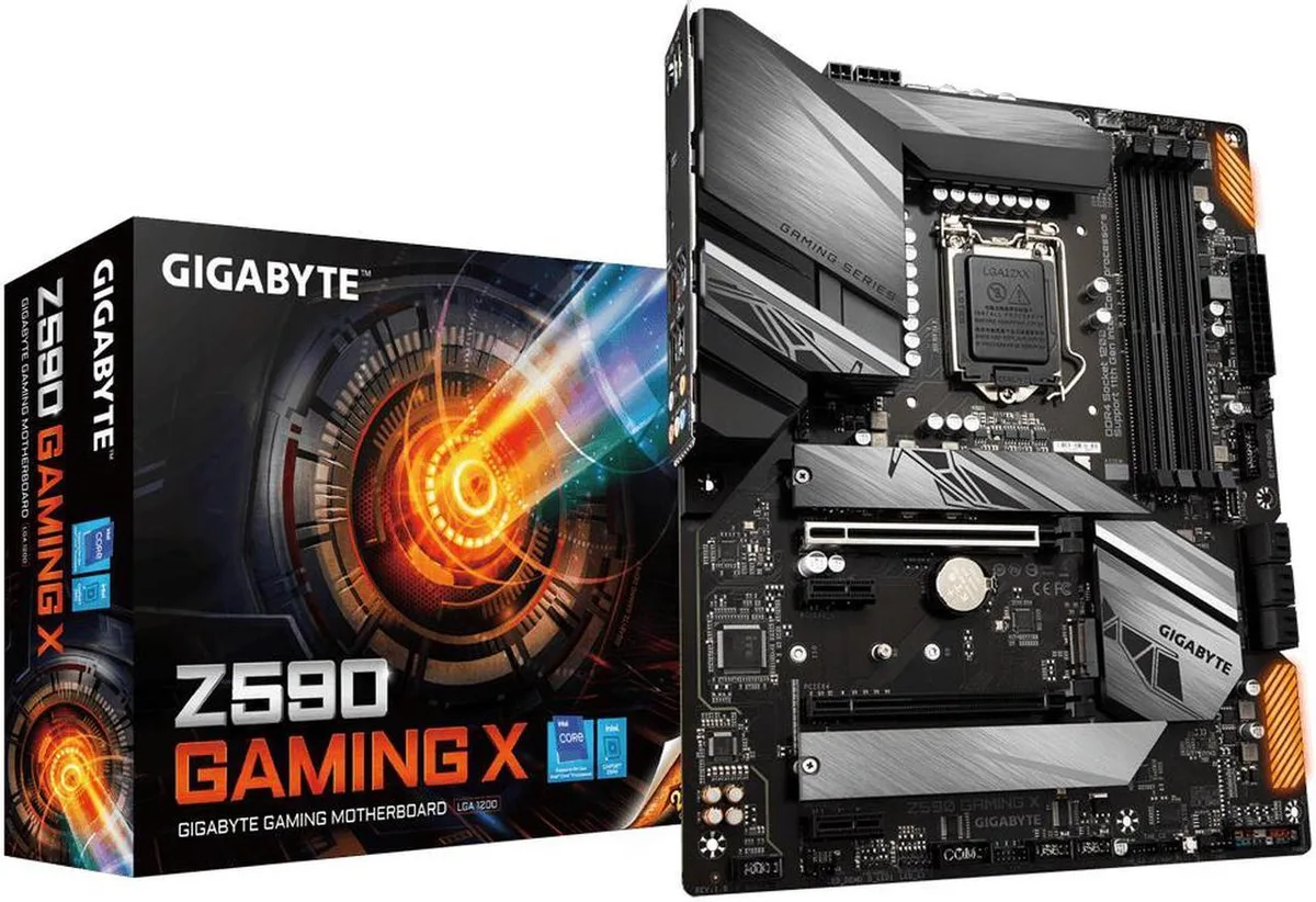 ATX motherboard with black heatsinks and silver accents