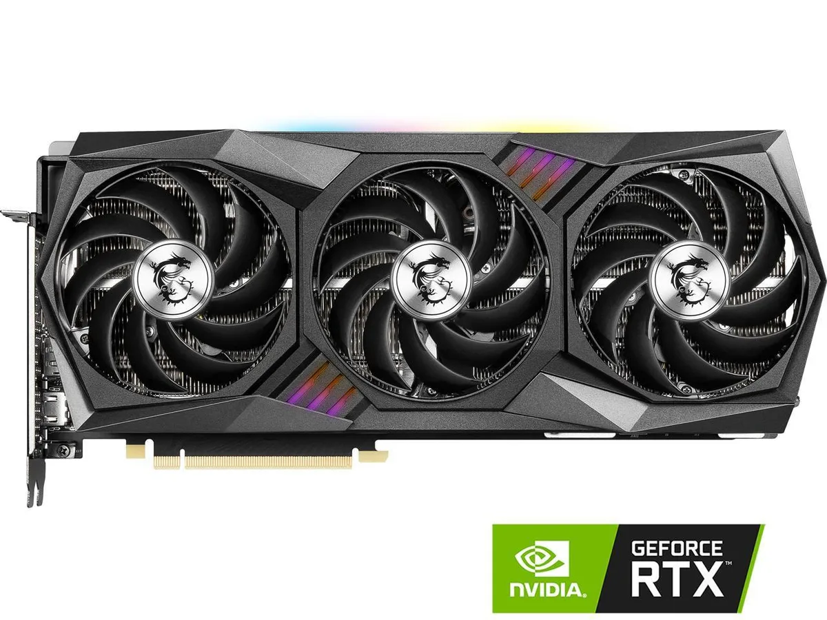 Triple-slot graphics card with three fans, silver shroud, RGB lighting, metal backplate, PCIe 4.0, HDMI 2.1, three DisplayPort 1.4a
