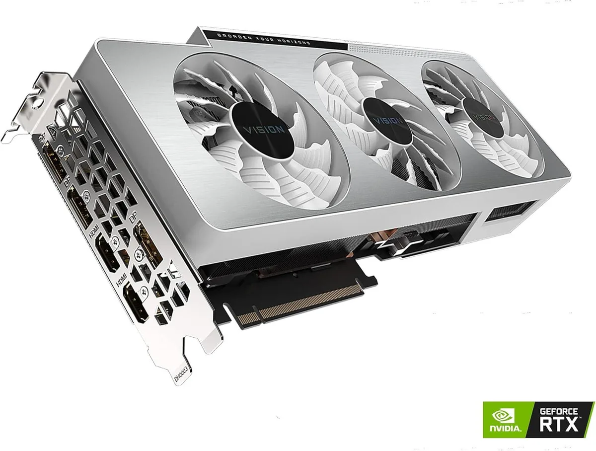 White triple-fan graphics card with silver backplate