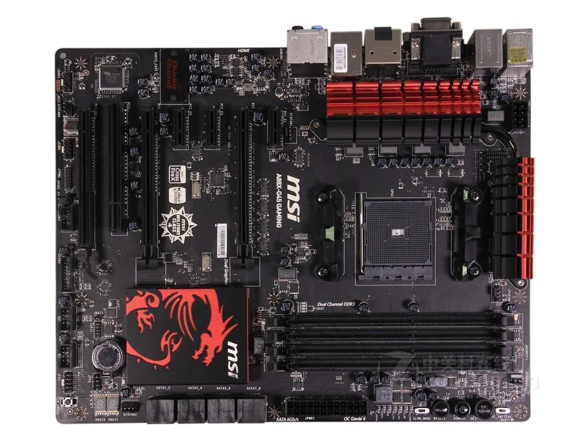 Black ATX motherboard with red accents, FM2 socket, four DDR3 slots, three long PCIe slots, multiple SATA ports