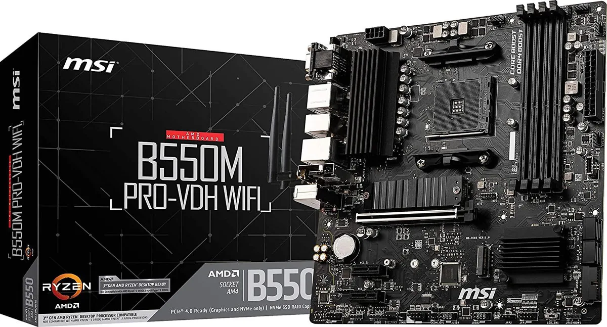 Micro-ATX motherboard in dark finish with AM4 socket and integrated Wi-Fi 6 antenna connectors