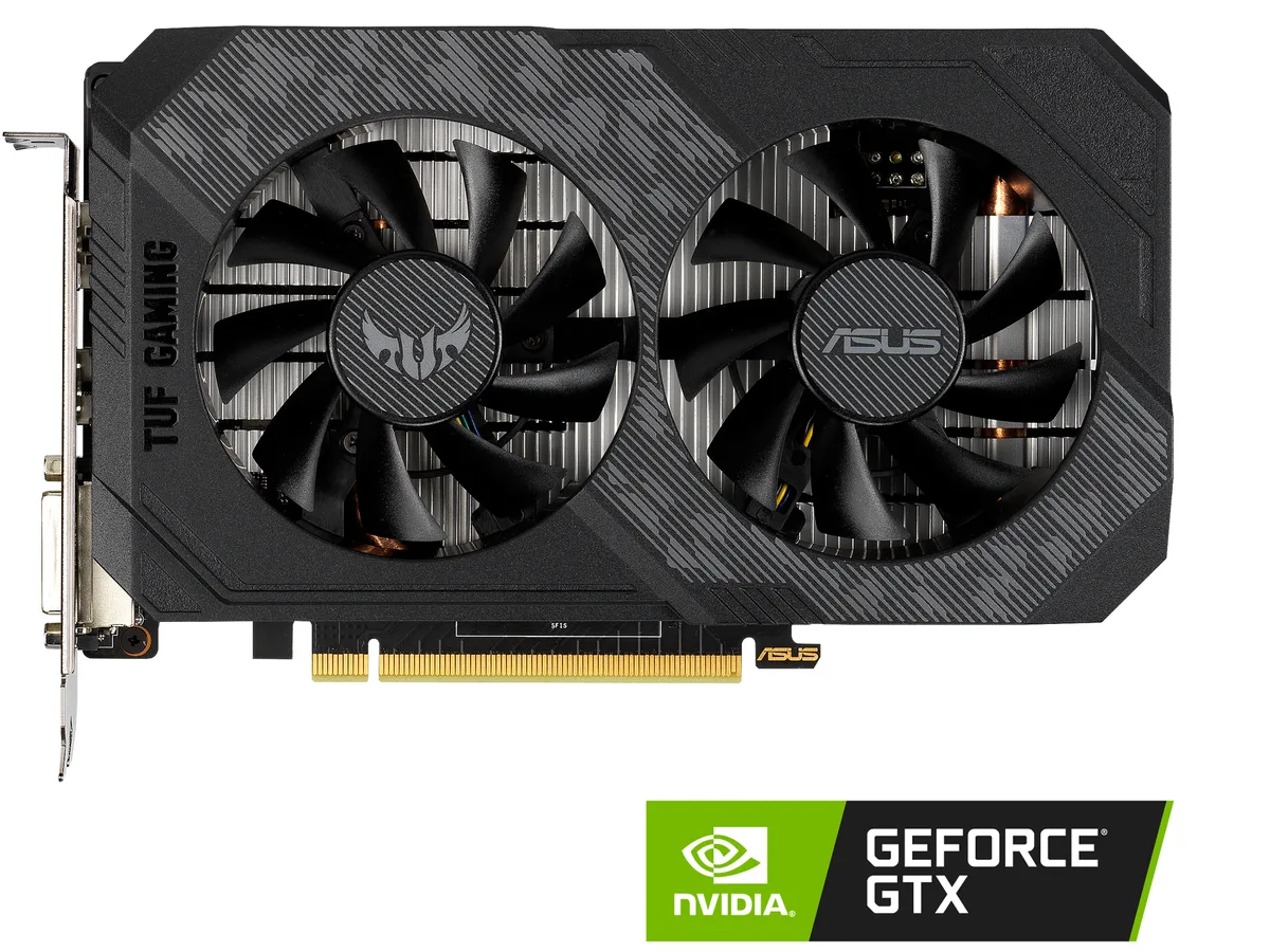 Black dual-fan graphics card with DVI HDMI DisplayPort outputs
