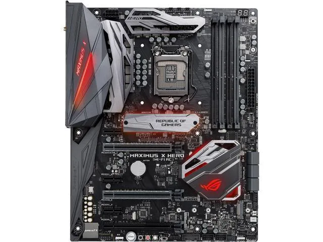ATX motherboard with black PCB silver heatsinks RGB lighting Wi-Fi antenna connectors