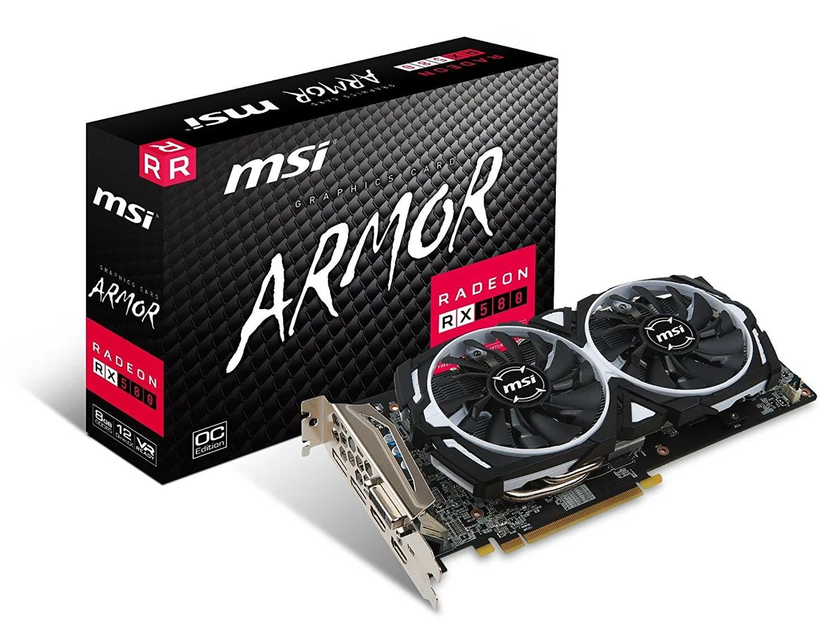 MSI Radeon RX 580 Armor 8G OC dual-fan graphics card in black and silver