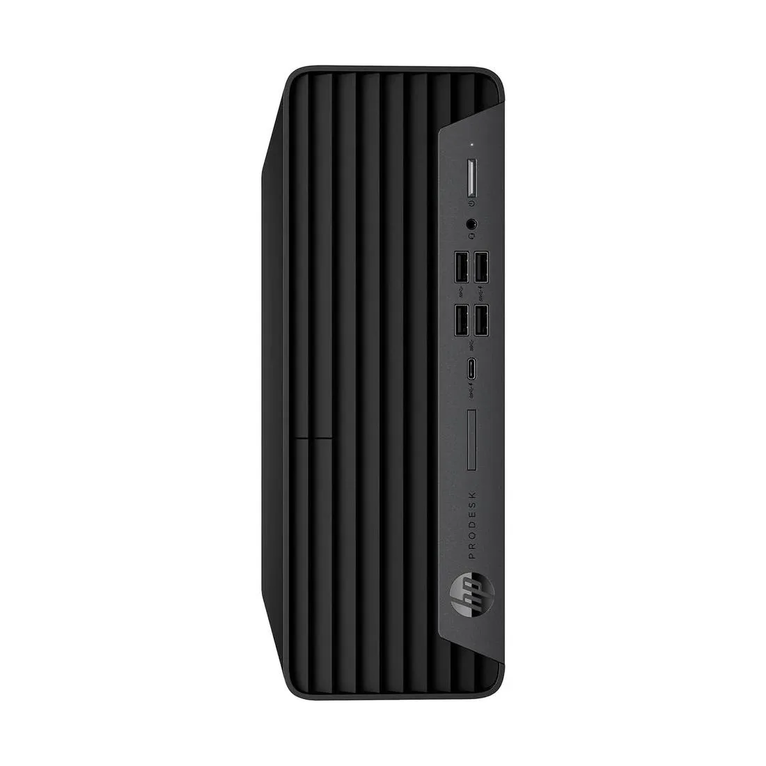 Compact silver desktop tower, small form factor, clean front panel with subtle HP logo