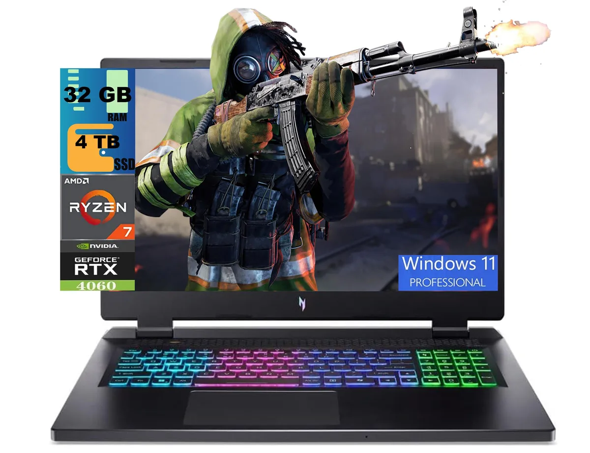 Black 17.3 inch gaming laptop with backlit keyboard and thin bezels