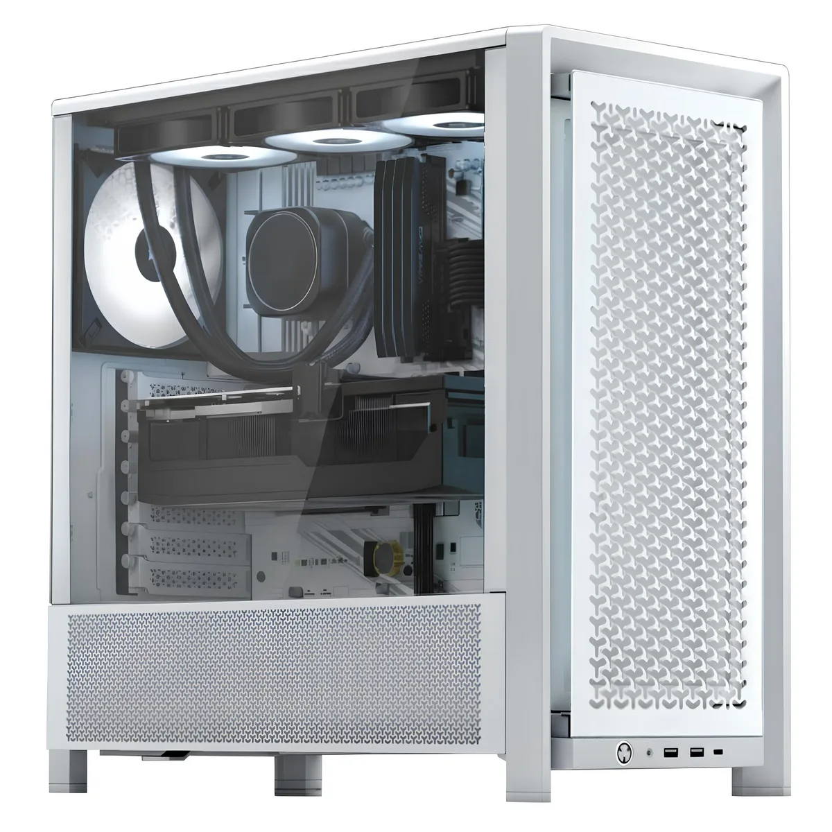 White tempered glass mid-tower with liquid cooling visible inside