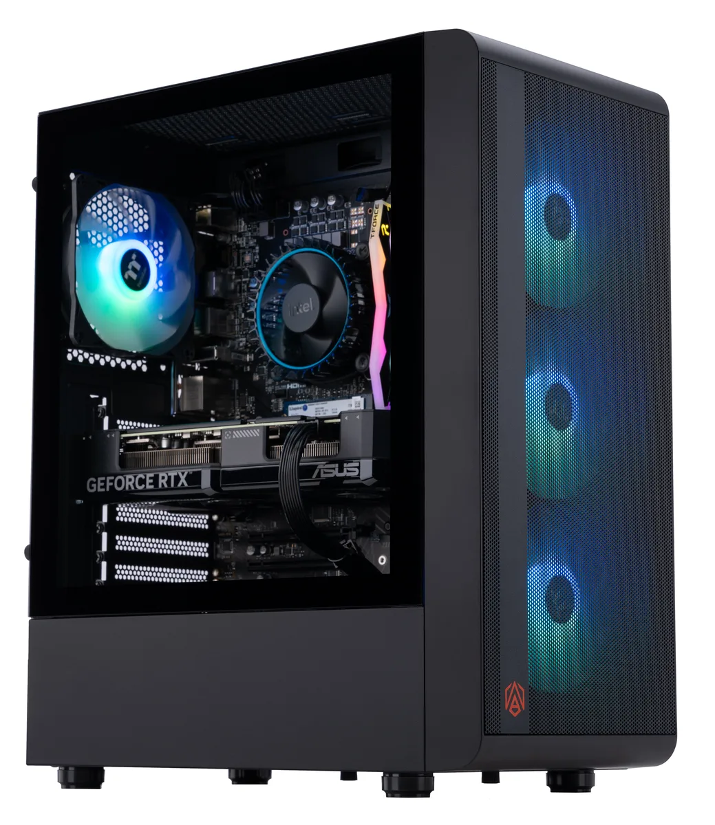 Black mid-tower gaming desktop with RGB memory visible through side panel