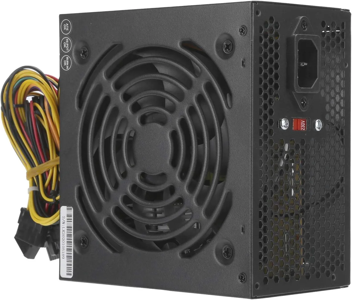 Black rectangular ATX power supply unit with side fan grille and visible rear connectors