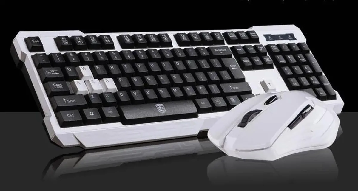 White wireless gaming keyboard and mouse set with 104 keys and 6-button laser mouse