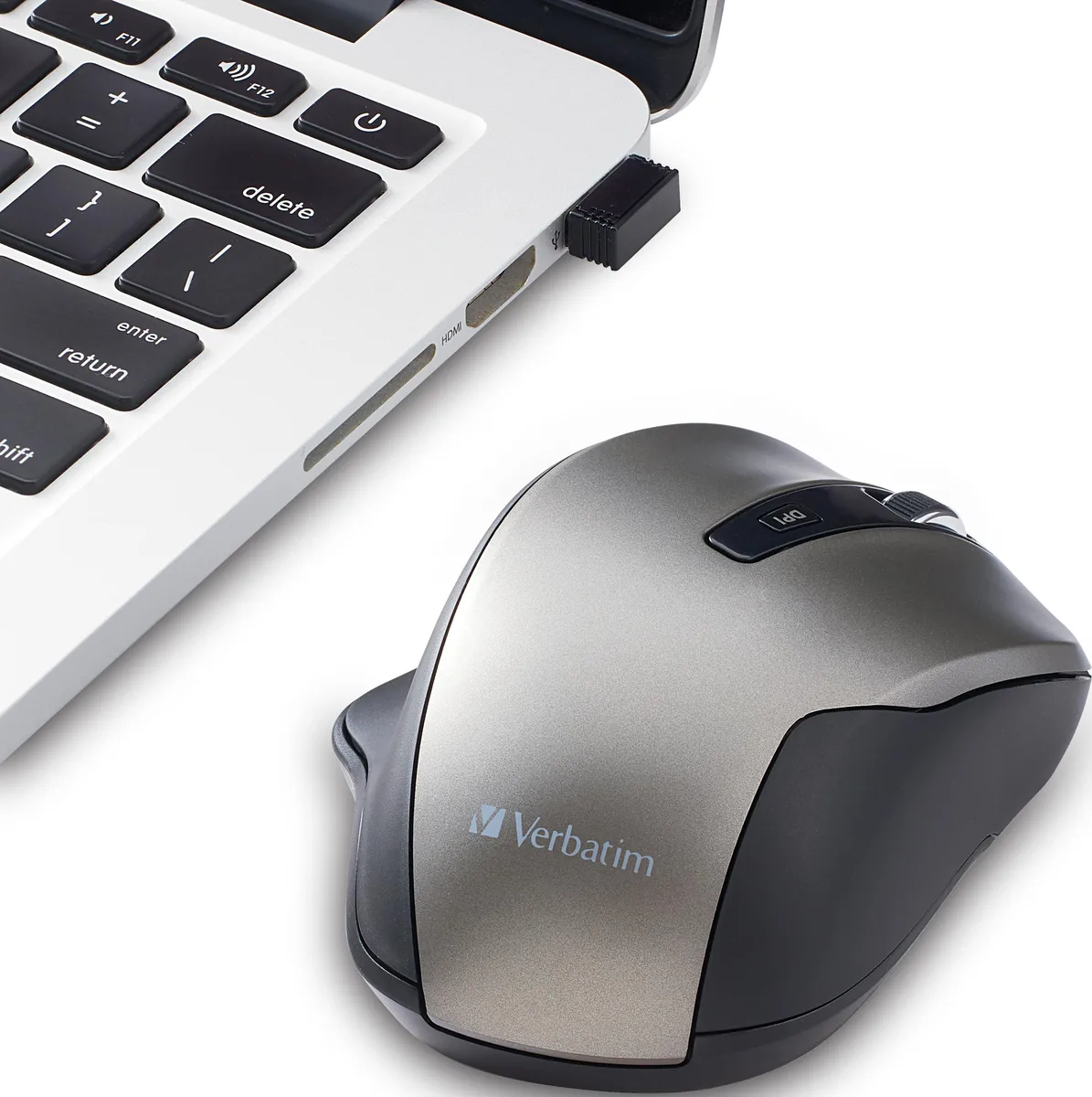 Graphite wireless mouse with blue LED and nano receiver