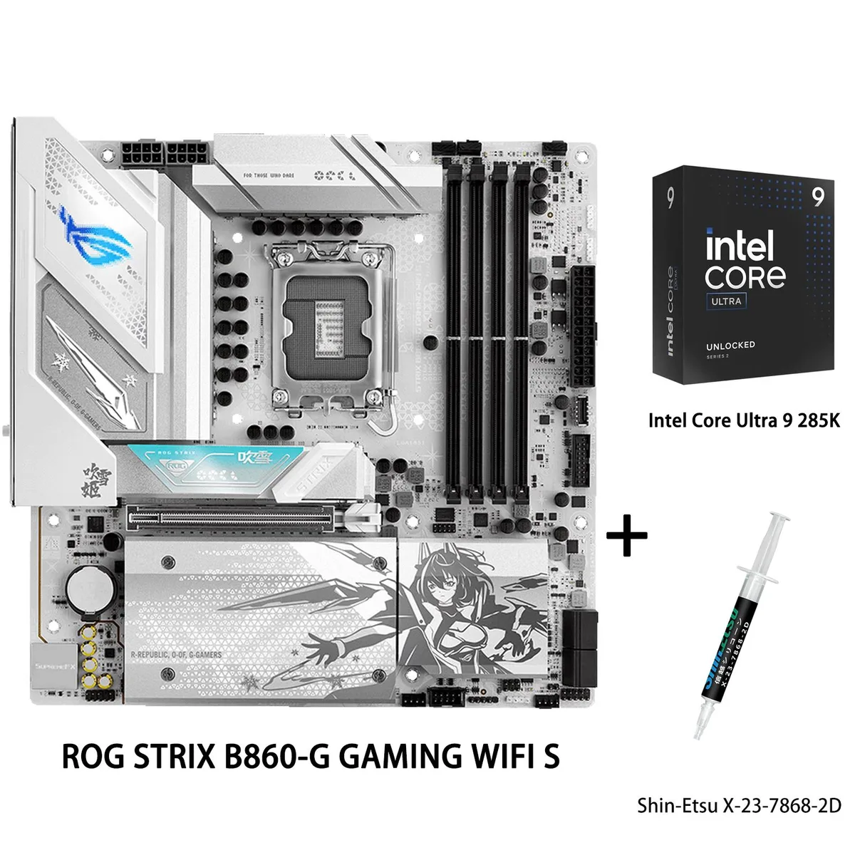 ASUS ROG STRIX B860-G mATX motherboard with Intel Ultra 9 285K CPU and thermal grease tube
