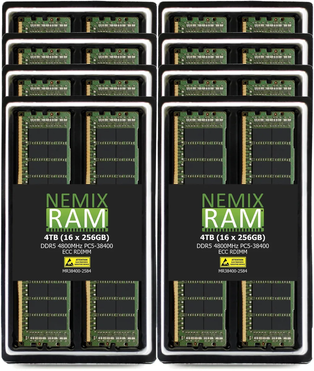 Eight green DDR5 RDIMM modules in static bag