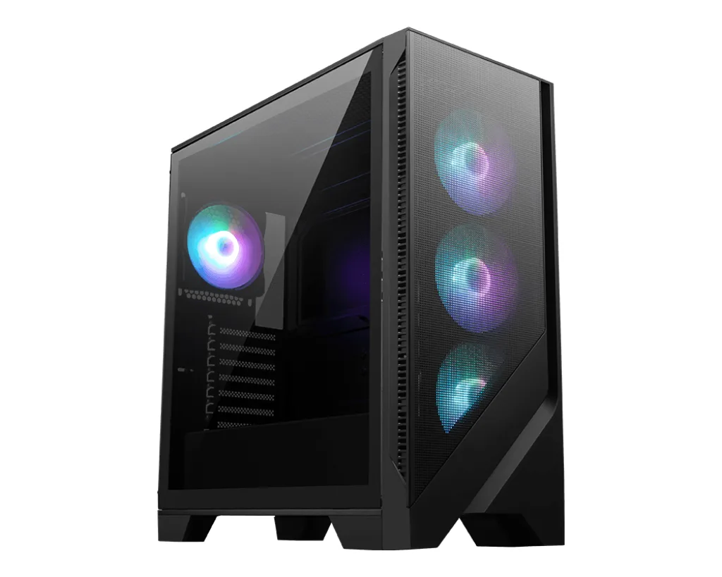 Black mid-tower PC case with mesh front, tempered glass side panel, four pre-installed ARGB fans visible