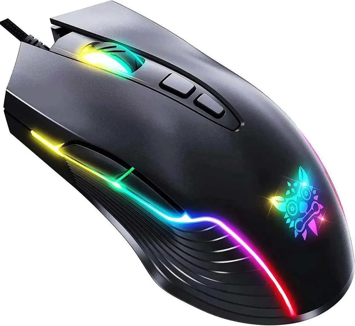 Black wired gaming mouse with ergonomic shape, rubber-frosted finish, seven buttons and RGB lighting
