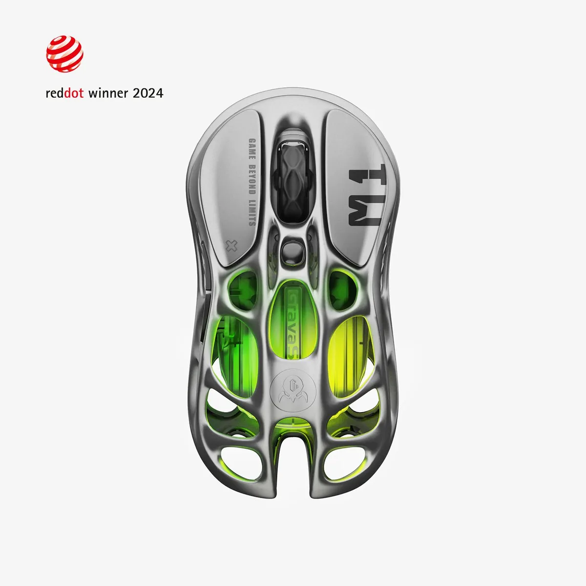 Gunmetal gray wireless gaming mouse with open skeletal magnesium frame, five buttons and RGB lighting